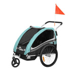SAMAX Fahrradanhänger Jogger 2in1 360° drehbar Kinderanhänger Kinderfahrradanhänger Transportwagen vollgefederte Hinterachse für 2 Kinder in Türkis - Black Edition