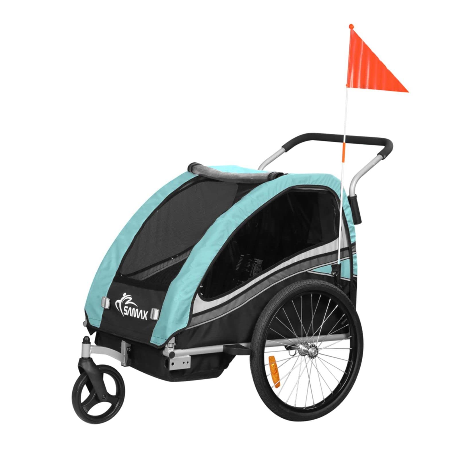 SAMAX Fahrradanhänger Jogger 2in1 360° drehbar Kinderanhänger Kinderfahrradanhänger Transportwagen vollgefederte Hinterachse für 2 Kinder in Türkis - Black Edition