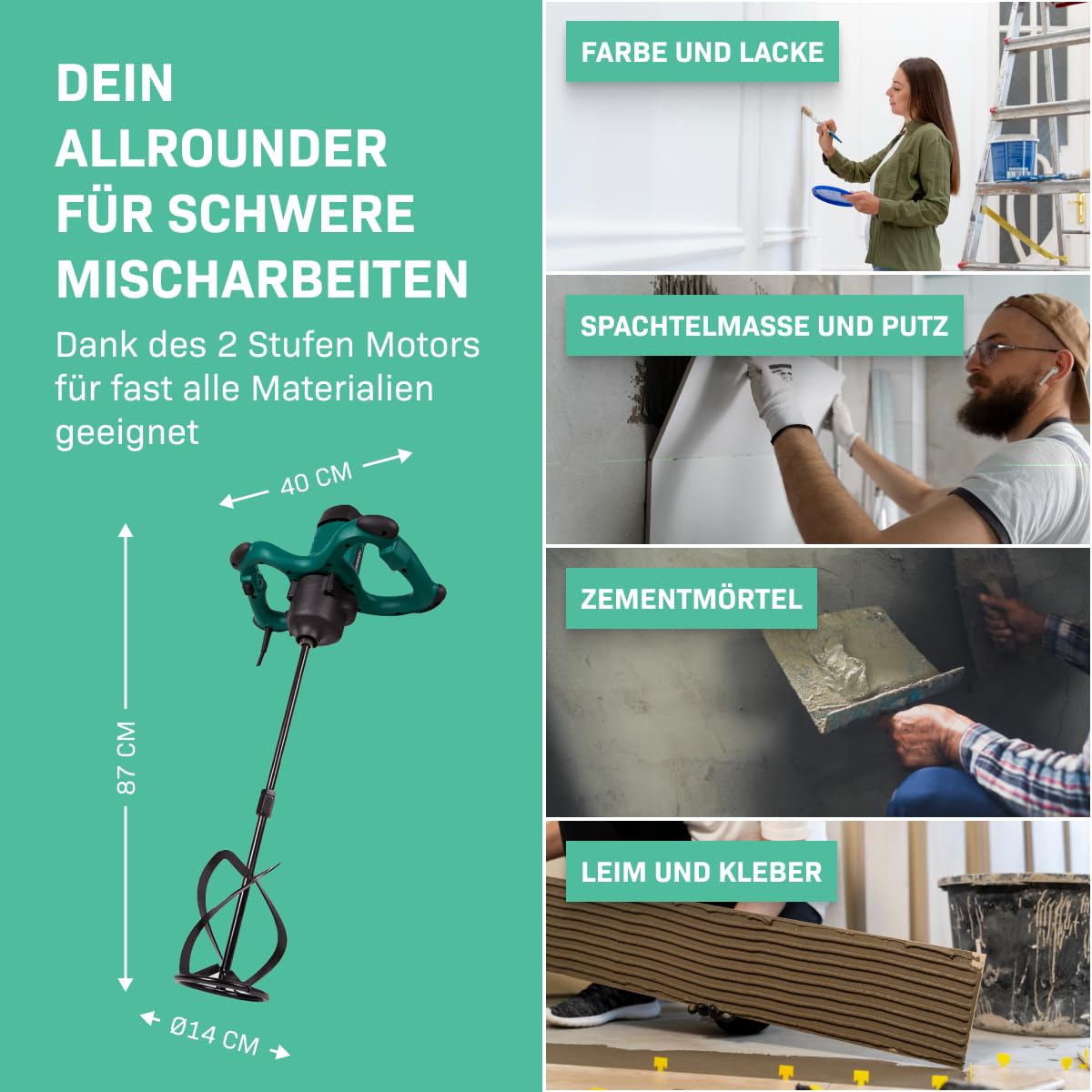 VONROC Mörtelrührer inkl. Rührwerk [1800W] - Betonmischer Quirl [mit Sanftanlauf] für Beton, Zement, Farbe, Mörtel - 2 Geschwindigkeitsmodi