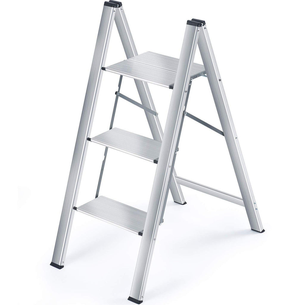 KINGRACK Stufenleiter, Trittleiter Stufen, Klapptrittleiter mit Handlauf, rutschfeste Haushaltsleiter mit Klappsicherung, Aluminium Tritthocker (3 Stufen, Silber)
