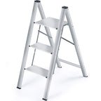 KINGRACK Stufenleiter, Trittleiter Stufen, Klapptrittleiter mit Handlauf, rutschfeste Haushaltsleiter mit Klappsicherung, Aluminium Tritthocker (3 Stufen, Silber)
