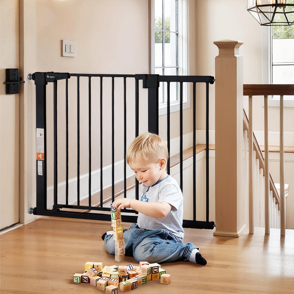COMOMY 75 – 110 cm Sicherheitsbarriere für Kinder, Sicherheitsbarriere für Hunde, automatisches Schließen, Treppen und Türen ohne Bohren, breites Metallgitter mit Verlängerung (76 cm H, schwarz)