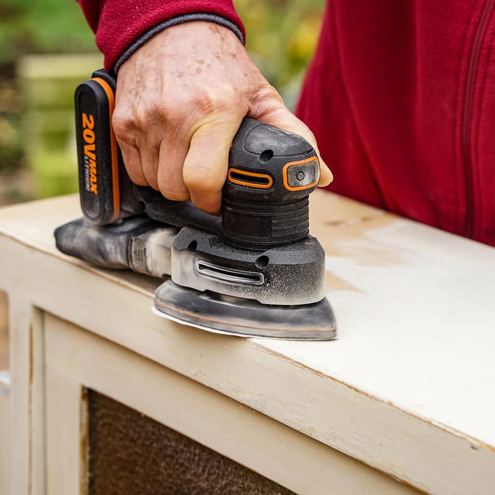 WORX WX822 Akku Detailschleifer 20V - Elektrische 20V Schleifmaschine für Holzmöbel, Türen, Ecken und Kanten - Schleifen mit Staubfangsack - PowerShare kompatibel - mit Akku & Ladegerät