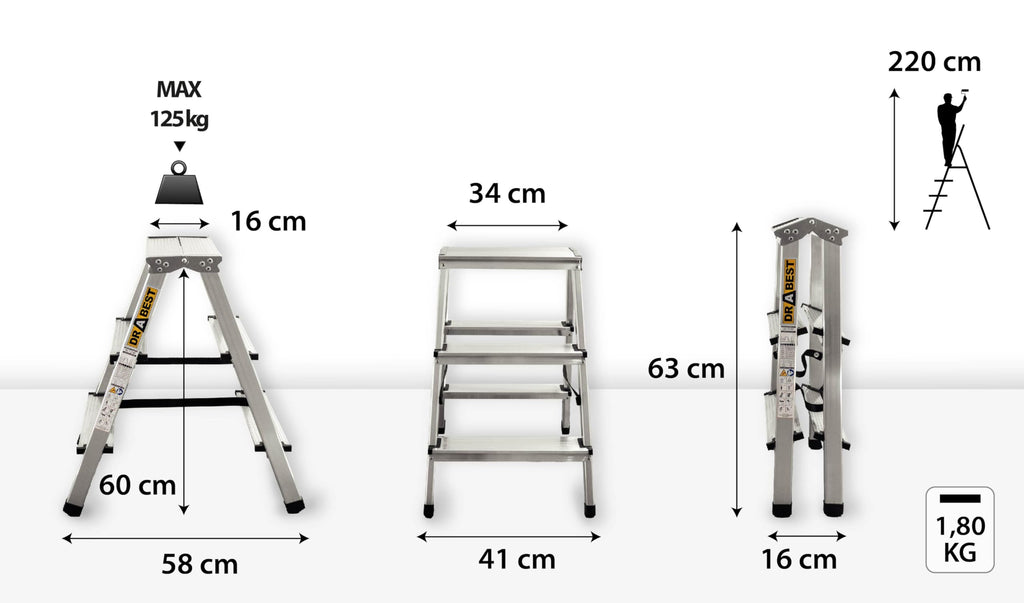 Drabest Aluminium Trittleiter Leiter beidseitig begehbar, 2x3 Stufen, 125kg