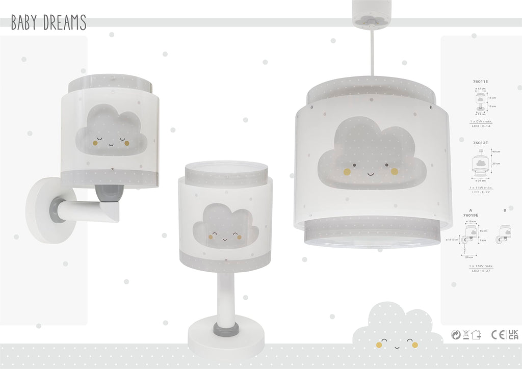 Dalber Lampe kinderzimmer, kinderlampe Pendelleuchte Hängelampe, Deckenleuchte Kinder, Deckenlampe kinderzimmer Baby Dreams Wolke Grau, 76012E, E27