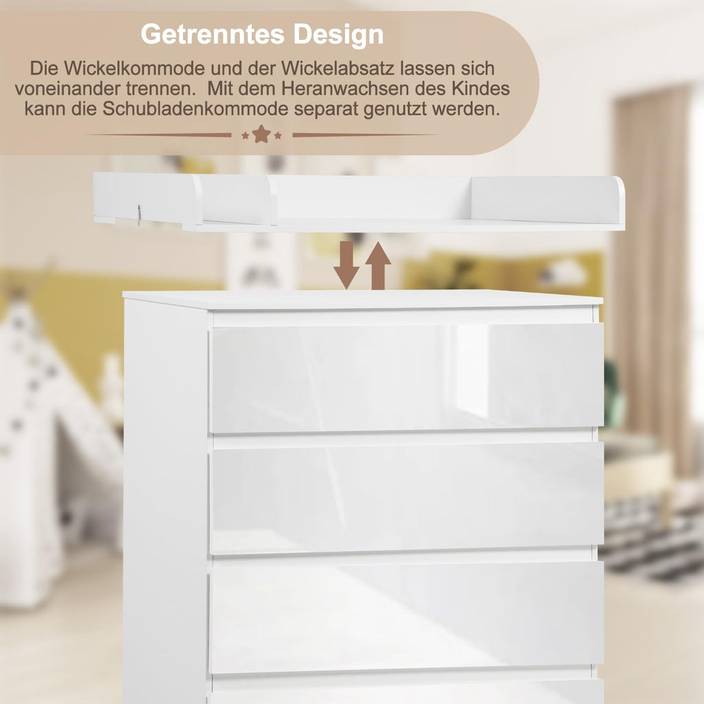 WOLTU Wickelkommode mit abnehmbarem Wickelaufsatz, Wickeltisch Baby, Wickelregal, Kommode mit 4 Schubladen, Höhe 110 cm, Weiß + Hochglanz