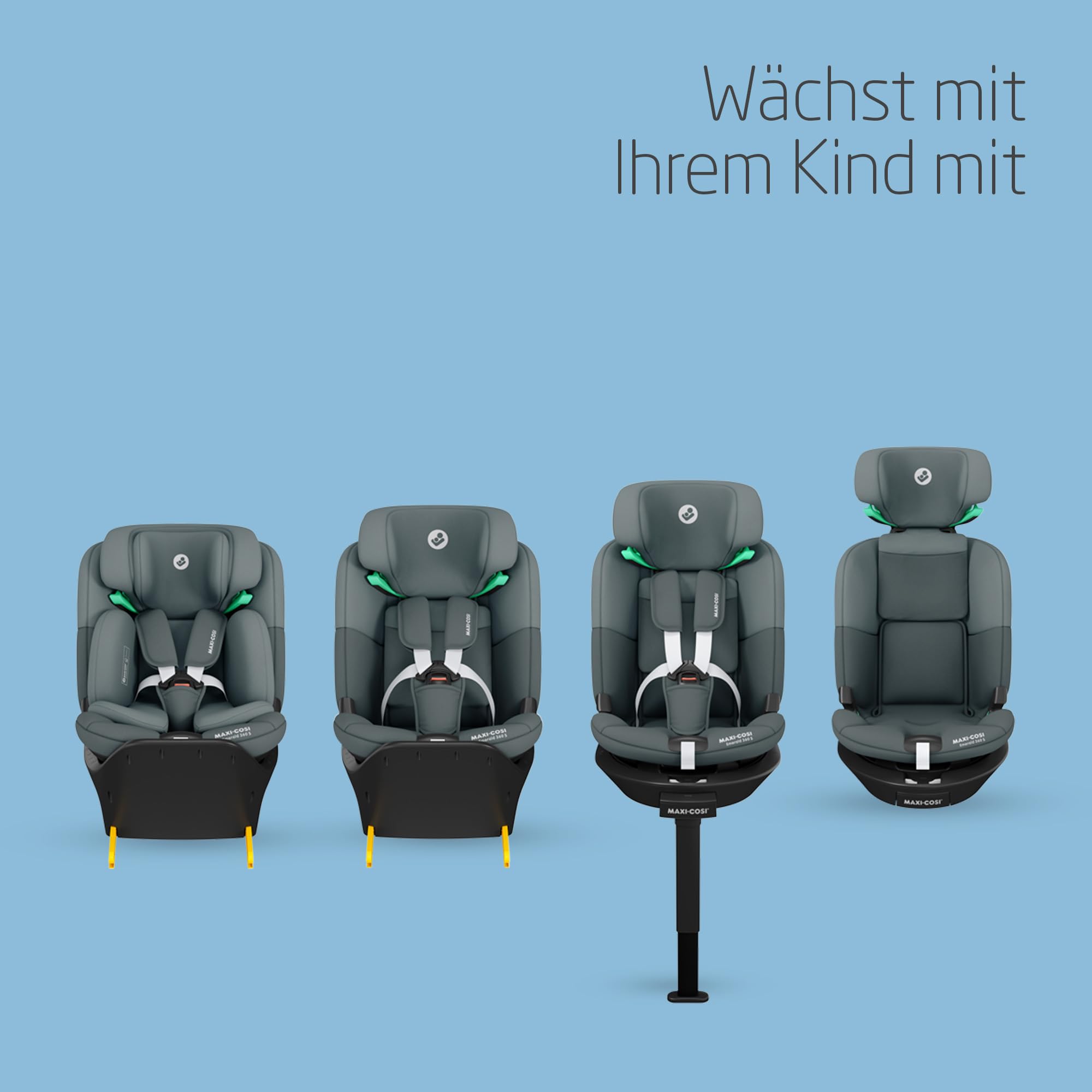 Maxi-Cosi Emerald 360 S i-Size, Autositz 360 Grad Drehbar, 0–12 Jahre (40–150 cm), Mitwachsender Kindersitz 0-36kg, ISOFIX-Kindersitz, 4 Liegepositionen, G-CELL Seitenaufprallschutz, Tonal Graphite