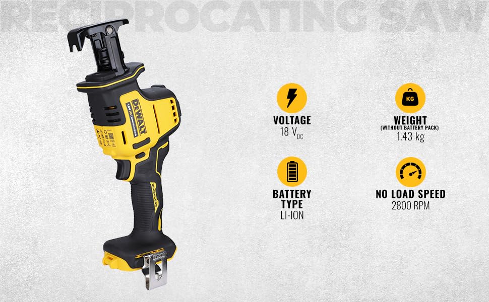 DEWALT 18 Volt Akku-Kompakt-Säbelsäge(bürstenloser Motor, sehr kompakte Abmessungen, werkzeugloser Sägeblattwechsel, schwenkbarer Sägeschuh, Lieferung ohne Akku und Ladegerät), DCS369N-XJ