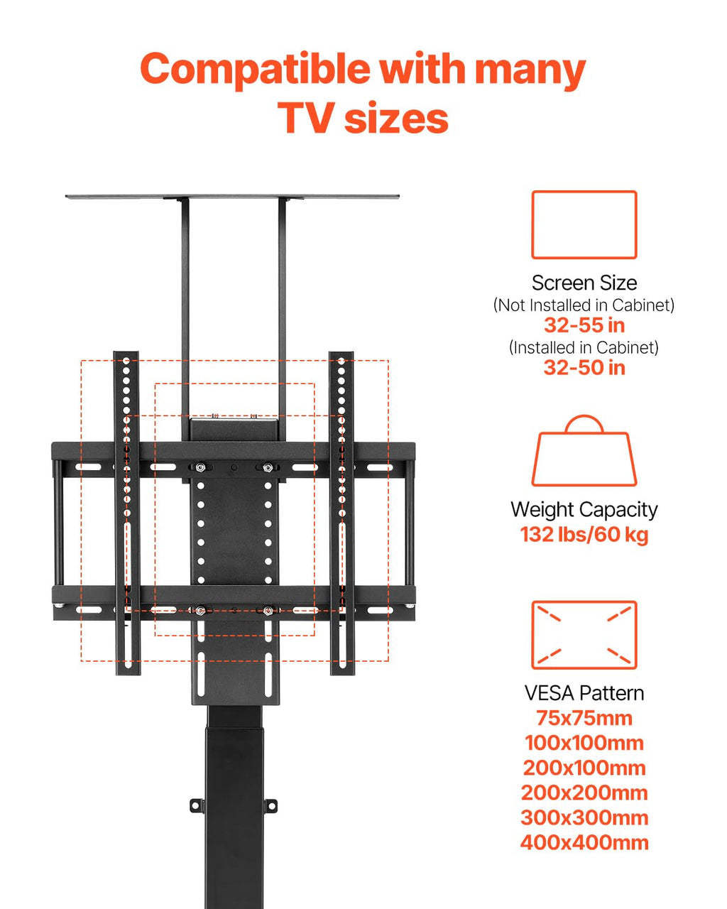 VEVOR Motorisierter TV-Liftständer verstellbare Halterung für TV-Liftständer (60 kg belastbar), vertikale elektrische TV-Halterung mit Fernbedienung, für 813-1397 mm (Nicht im Schrank)