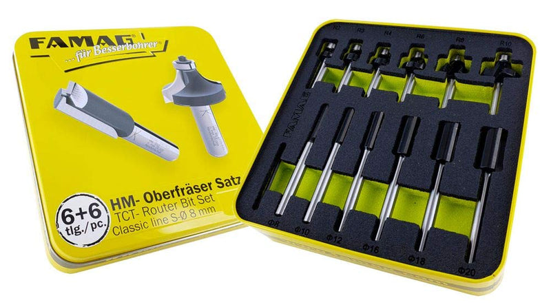 Famag HM-Oberfräser-Satz Classic-Line (6+6 tlg., Fräser-Set mit Metallbox + Schaumstoffeinlage, 6 Nutfräser / 6 Abrundfräser) 3381866