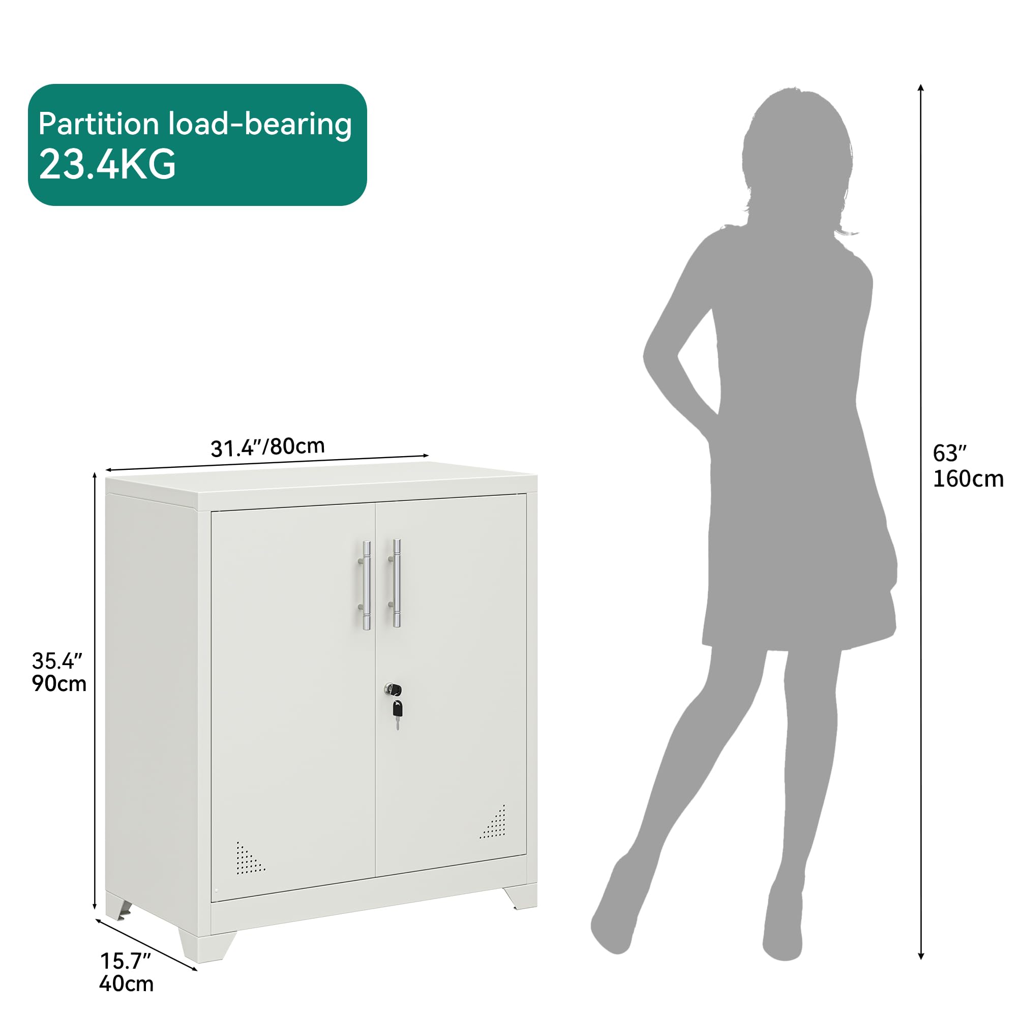 YITAHOME Aktenschrank Abschließbar, Metallschrank mit 2 Verstellbare Einlegeböden, Büroschrank Stahlschrank mit Belüftungslöcher für Arbeitszimmer Büro Garage Schule, Weiß, 80 x 40 x 90cm