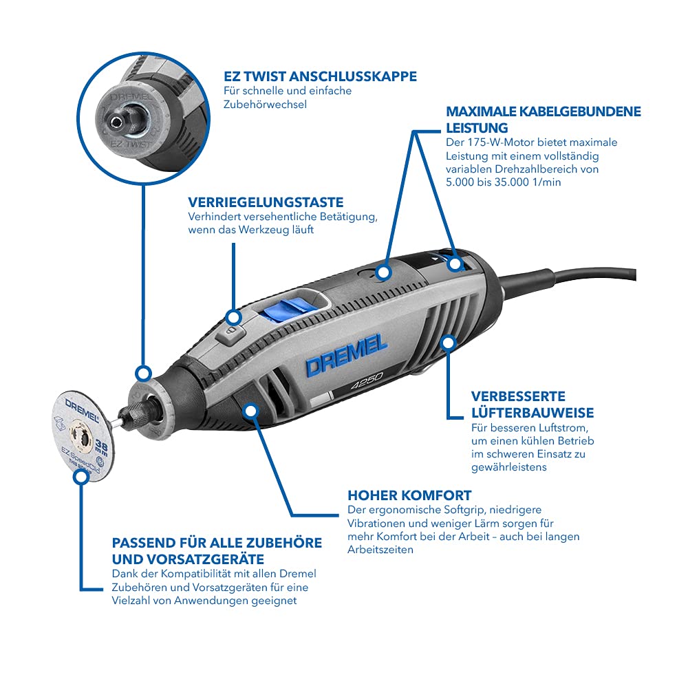 Dremel 4250 Rotationswerkzeug 175 W, Multifunktionswerkzeug-Set mit 35 Zubehören, 175-W-Motor mit Konstantelektronik, variable Drehzahl 5.000–35.000 1/min