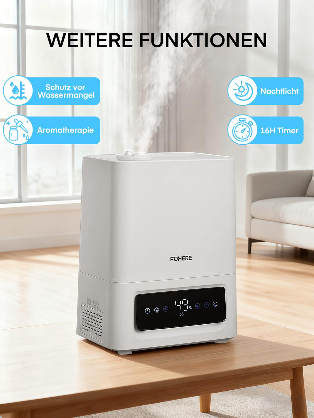 FOHERE 6L Luftbefeuchter für Große Räume, 60H Kaltnebel leiser Humidifier für Kinderzimmer, Schlafzimmer, Pflanzen, 28dB Ultra Leise, Präziser Feuchtigkeitssensor, 16H Timer, Aromadiffusor, Weiß
