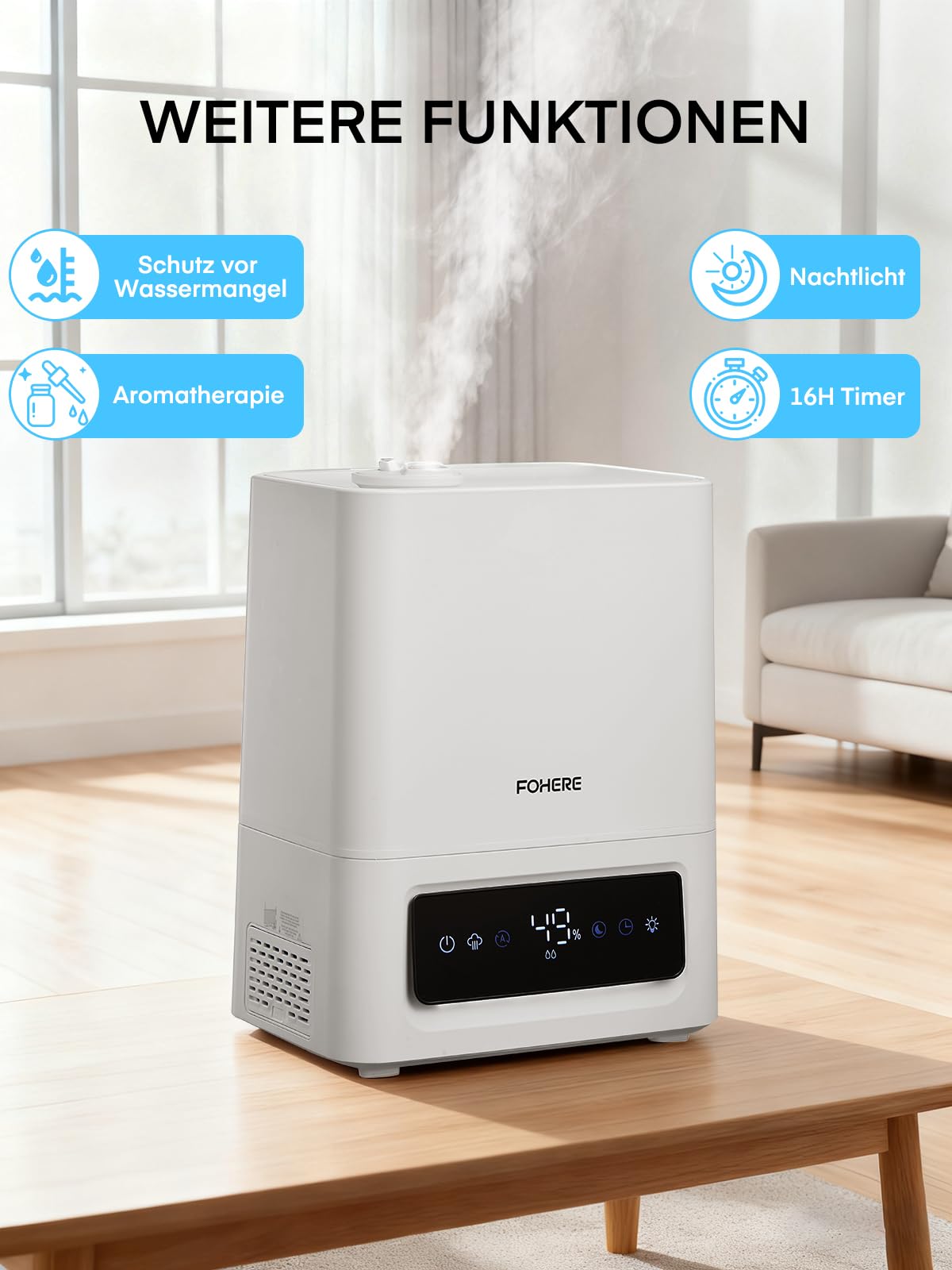 FOHERE 6L Luftbefeuchter für Große Räume, 60H Kaltnebel leiser Humidifier für Kinderzimmer, Schlafzimmer, Pflanzen, 28dB Ultra Leise, Präziser Feuchtigkeitssensor, 16H Timer, Aromadiffusor, Weiß