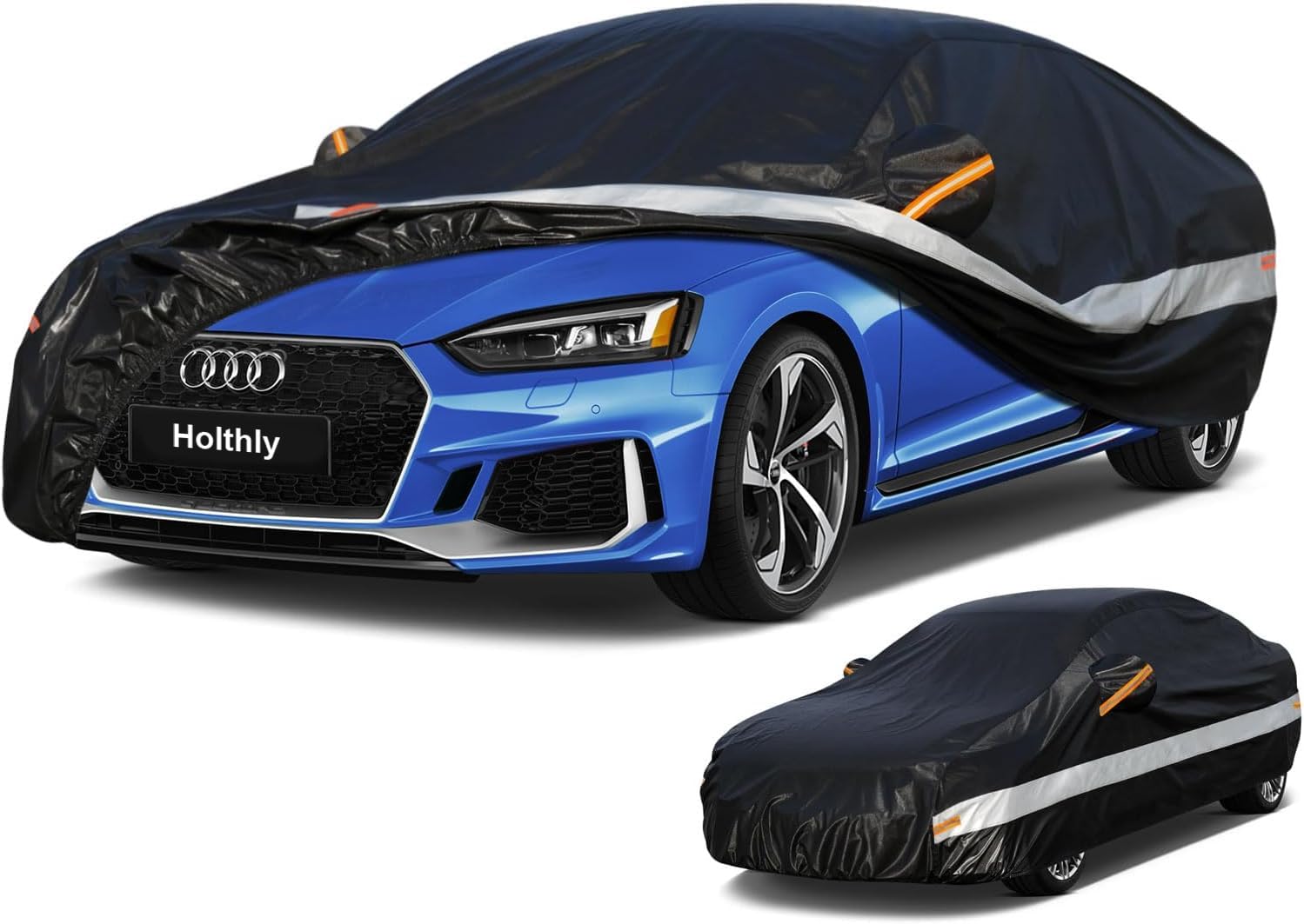 Holthly 10 Schichten Autoabdeckung 100% Wasserdicht Vollgarage Abdeckplane Auto Garage Staubdicht Wasserdicht Autohülle Autoplane Winter & Sommer für Audi A4 A5, BMW 3er Limousine usw. Schwarz C7