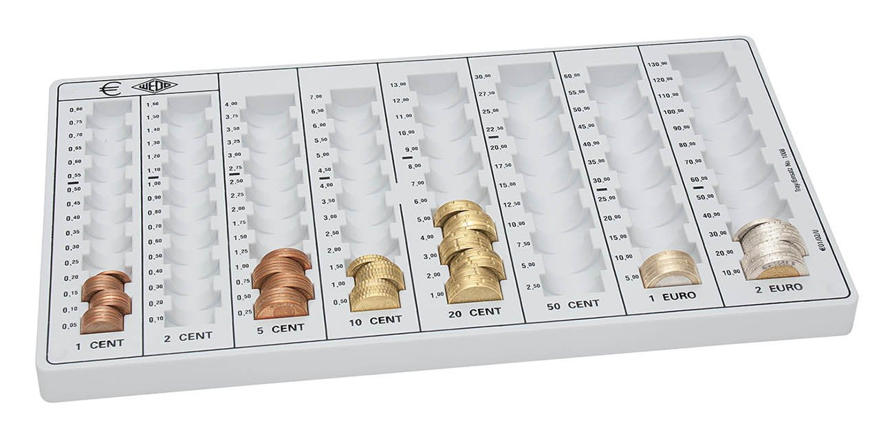 WEDO 160100837 Geld-Zählbrett (aus Polystyrol, 8 Münzrillen, rutschfeste Gummifüße, 32, 8 x 17, 8 x 3, 1 cm, grau