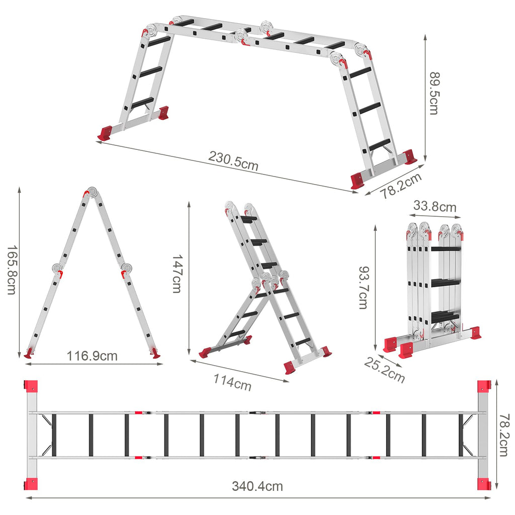 AMHANCIBLE Mehrzweckleiter, Leiter, 3.4M Aluleiter, 4 x 3 Stufen, Trittleiter, Haushaltsleiter, bis 150 kg,12 Stufen, in 6 Positionen, TÜV/GS Zertifiziert, Anti-Rutsch, Stabil und Robust EBAL01RD
