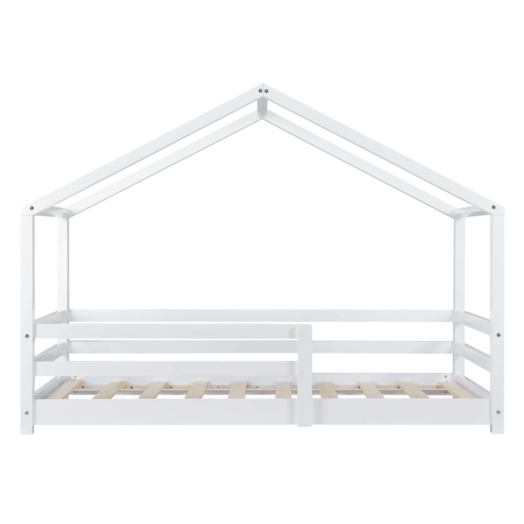 [en.casa] Kinderbett Knätten Hausbett Bodenbett 90 x 200 cm Holzbett für Kinder mit Rausfallschutz Bettgestell mit Lattenrost Kiefernholz Weiß