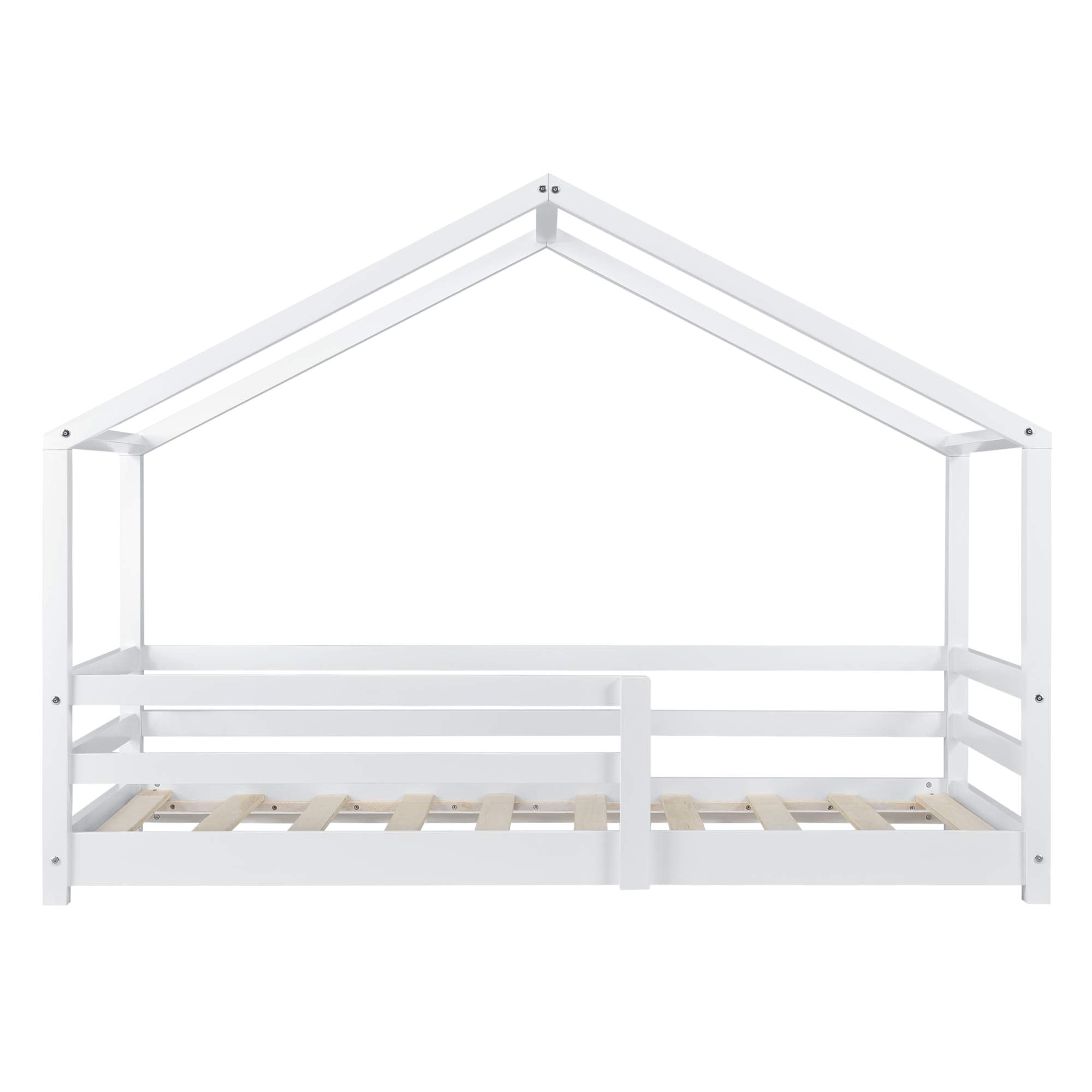 [en.casa] Kinderbett Knätten Hausbett Bodenbett 90 x 200 cm Holzbett für Kinder mit Rausfallschutz Bettgestell mit Lattenrost Kiefernholz Weiß