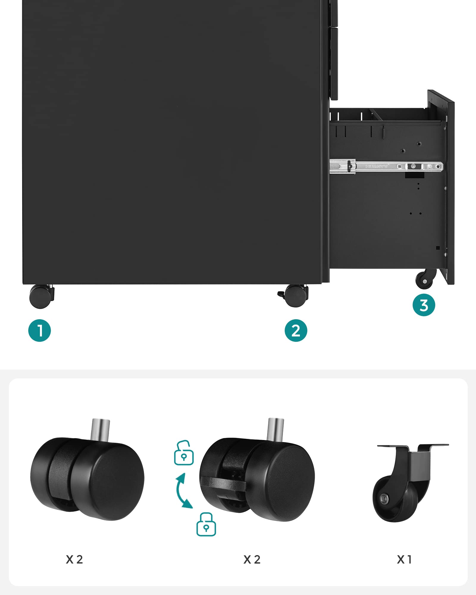 SONGMICS Rollcontainer, unter Schreibtisch, mit 3 Schublade, vormontiert, abschließbarer Büroschrank mit Hängeregistratur, für Akten, Dokumente, Schreibwaren, 52 x 39 x 60 cm, schwarz OFC60BK