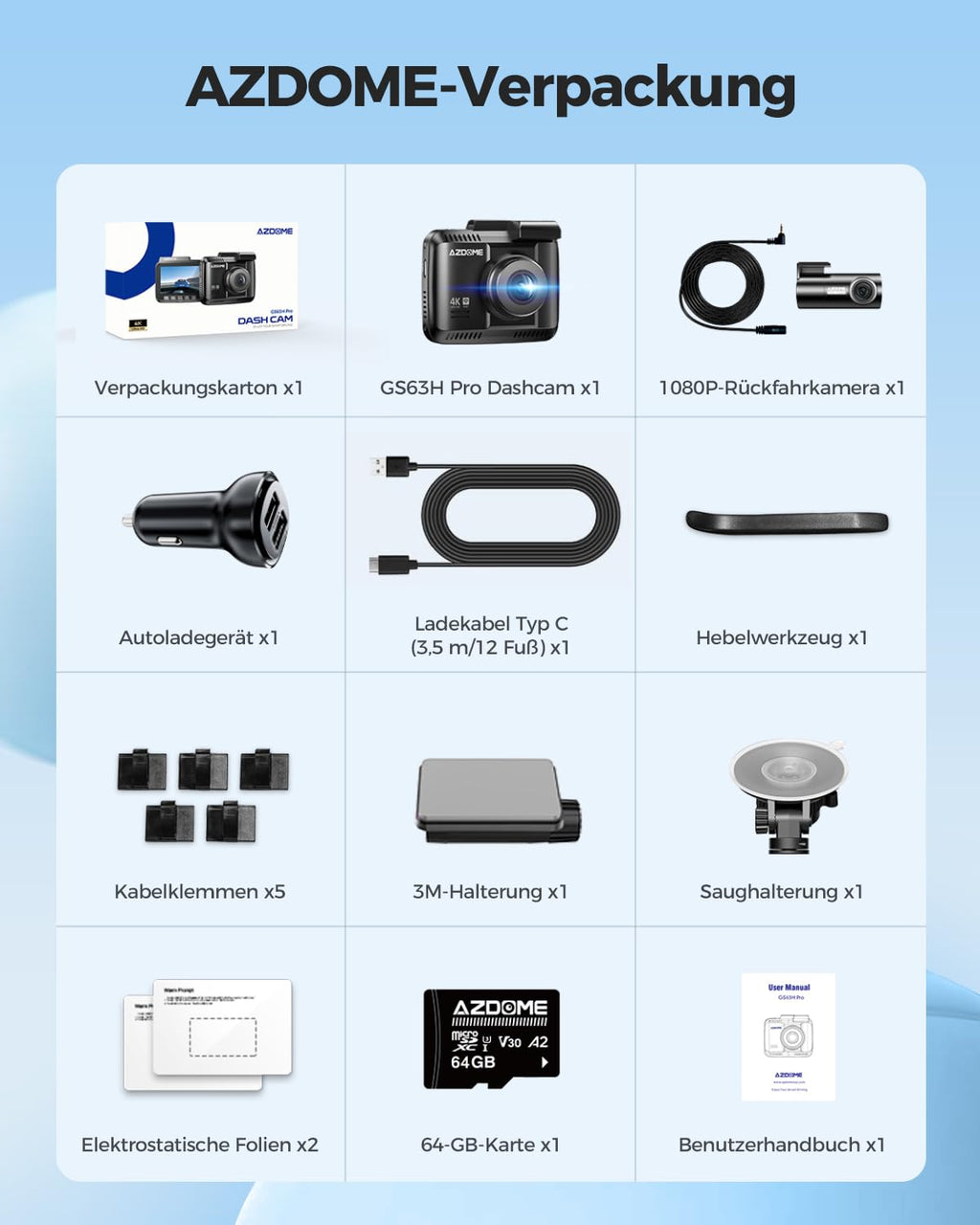 AZDOME Dashcam Auto Vorne Hinten 4K/2,5K GPS WiFi Dash Cam Auto mit Starvis, 64GB SD Karte, Auto Kamera, Parküberwachung, Super Nachtsicht, WDR, 170° Weitwinkel, G-Sensor, Loop-Aufnahme, GS63H Pro