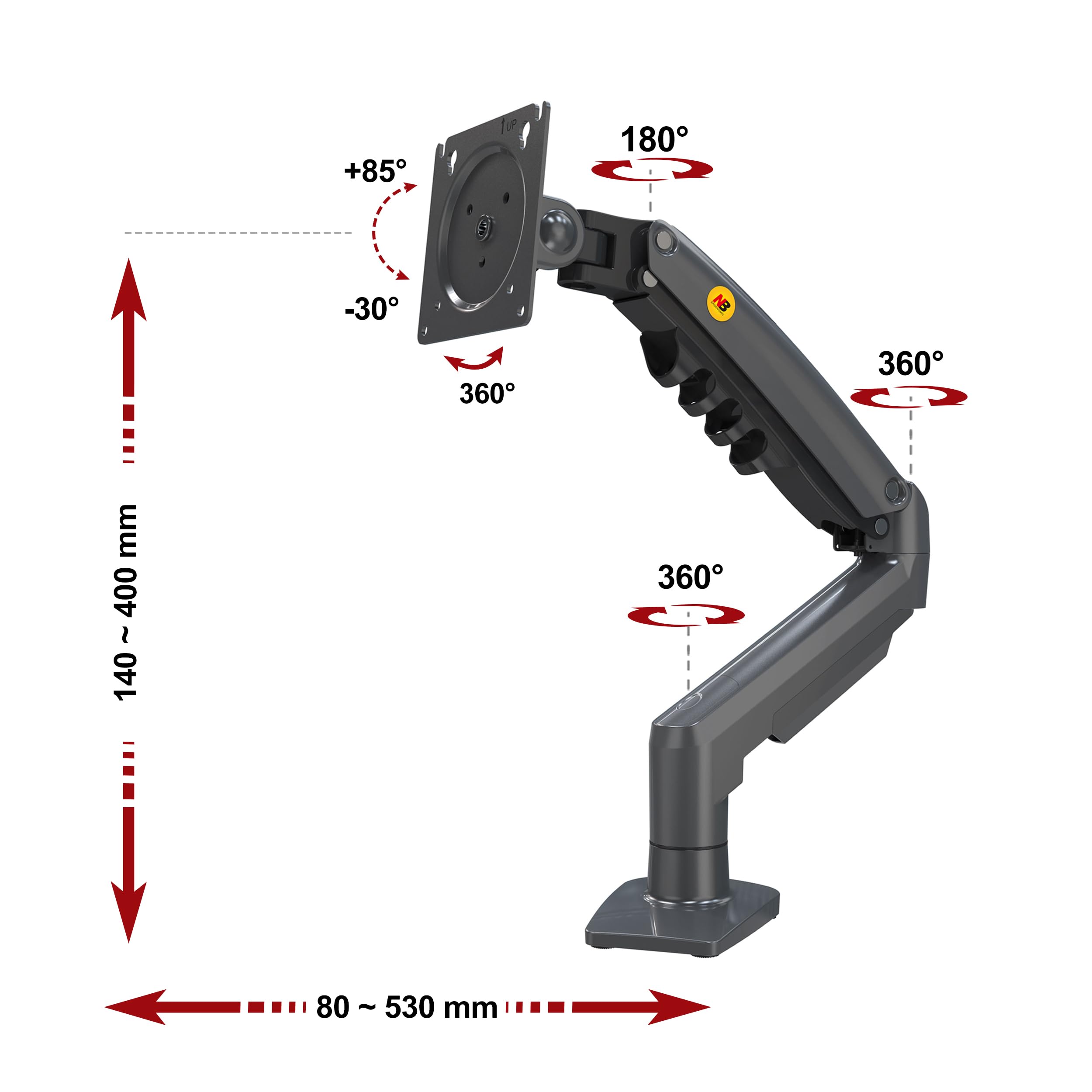 Ergosolid für PC-Monitor, Gelenkarm, ergonomisch, Gasfeder, 17-30 Zoll, VESA 75 mm und 100 mm, drehbar 360 Degree F80-0