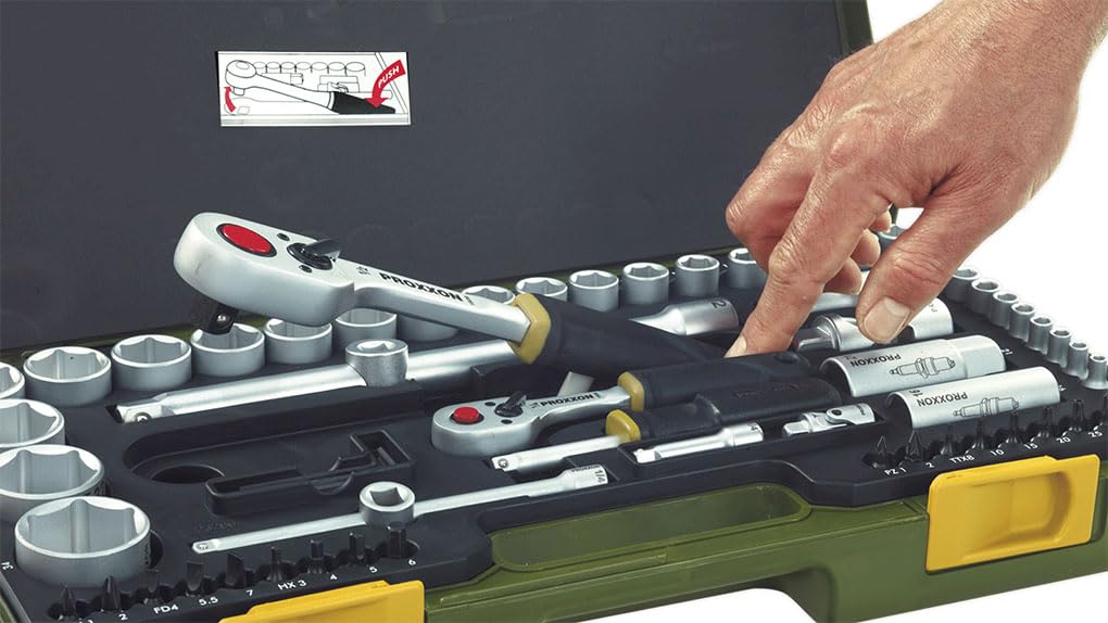 PROXXON Steckschlüsselsatz, Komplettsatz mit 1/4'' und 1/2''-Umschaltratsche, 65-teiliges Werkzeug-Set mit Kunststoffkoffer, 23286