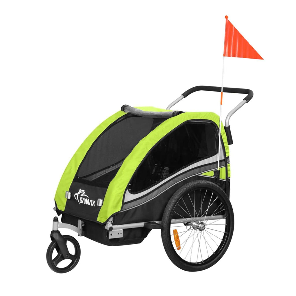 SAMAX Fahrradanhänger Jogger 2in1 360° drehbar Kinderanhänger Kinderfahrradanhänger Transportwagen vollgefederte Hinterachse für 2 Kinder in Grün - Black Edition