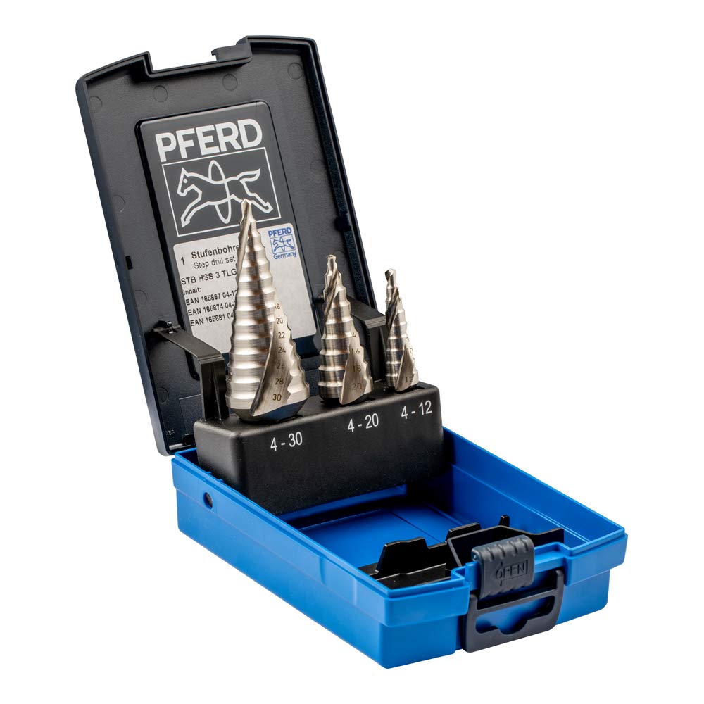 PFERD TOOLS HSS Stufenbohrer-Set, 3-tlg. | 9-14 Stufen Ø 4-30 mm, 3-Flächenschaft | 25201046 – zum gratfreien Bohren
