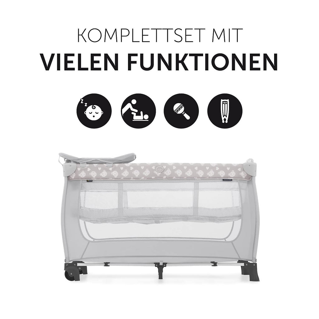 hauck Kinderreisebett Sleep N Play Center mit Neugeboreneneinhang, Wickelauflage, Tragetasche, Rollen, Schlupf, Klein Zusammenklappbar, Baby Reisebett Kleinkind ab Geburt bis 15 kg (Teddy Grey)