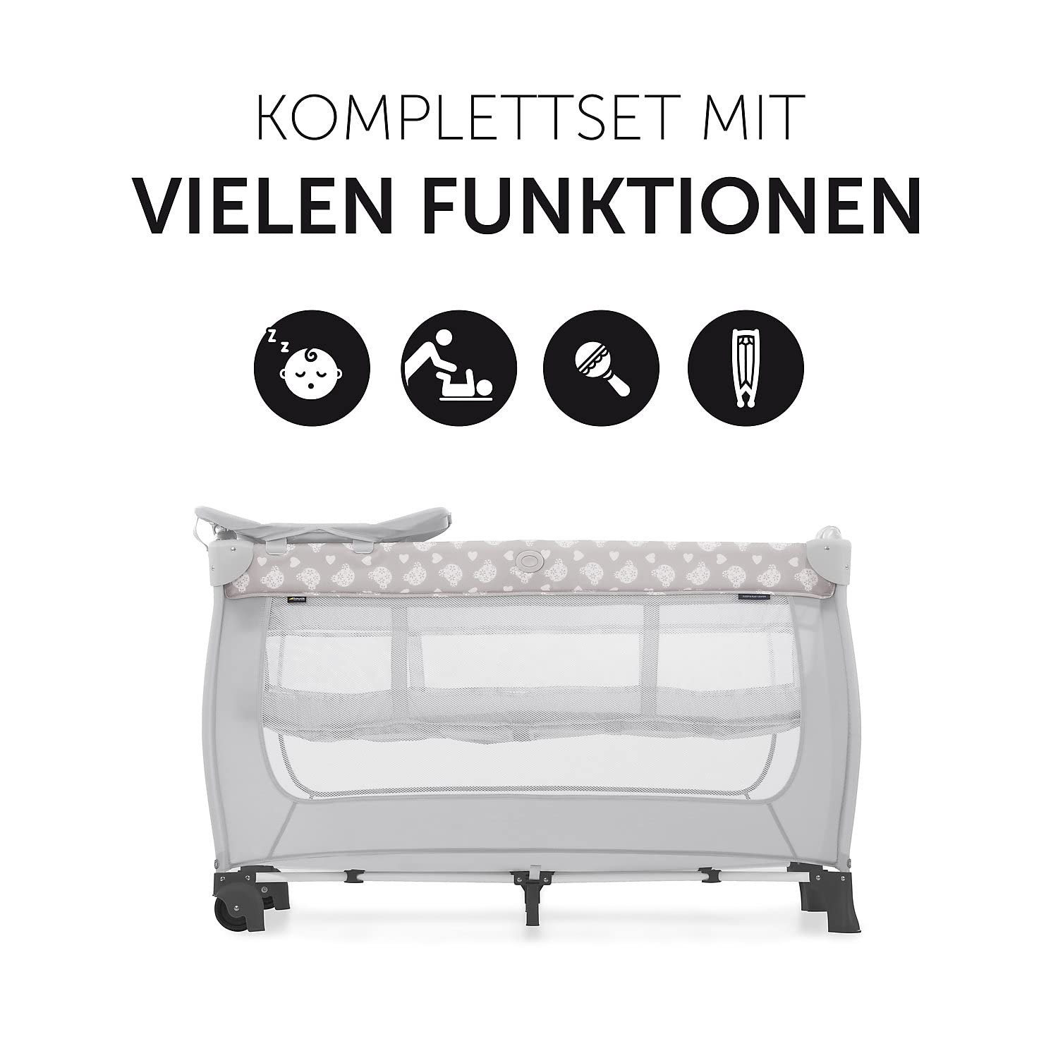 hauck Kinderreisebett Sleep N Play Center mit Neugeboreneneinhang, Wickelauflage, Tragetasche, Rollen, Schlupf, Klein Zusammenklappbar, Baby Reisebett Kleinkind ab Geburt bis 15 kg (Teddy Grey)