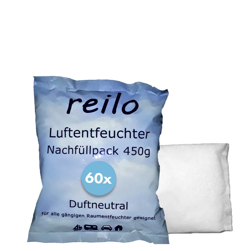 reilo 60x 450g Luftentfeuchter Granulat (Calciumchlorid), Raumluftentfeuchter im Vliesbeutel, Nachfüllpacks für Entfeuchterboxen 400 bis 1200 g, Lufttrockner für Wohnräume, Schlafzimmer, Keller
