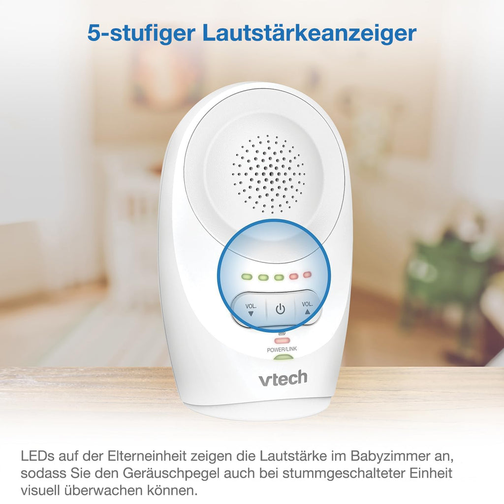 VTech BM1120 Baby-Audioüberwachungsgerät, klare Tonübertragung und Sicherheit, Lange Reichweite, 5-stufige LED-Lautstärkeanzeige, Gürtelclip, wiederaufladbare Batterien