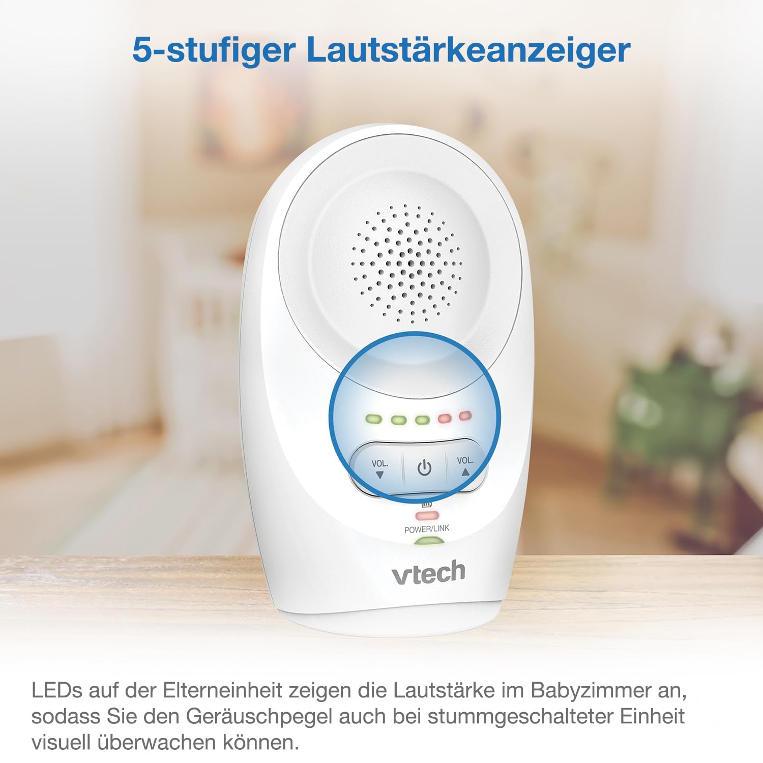 VTech BM1120 Baby-Audioüberwachungsgerät, klare Tonübertragung und Sicherheit, Lange Reichweite, 5-stufige LED-Lautstärkeanzeige, Gürtelclip, wiederaufladbare Batterien