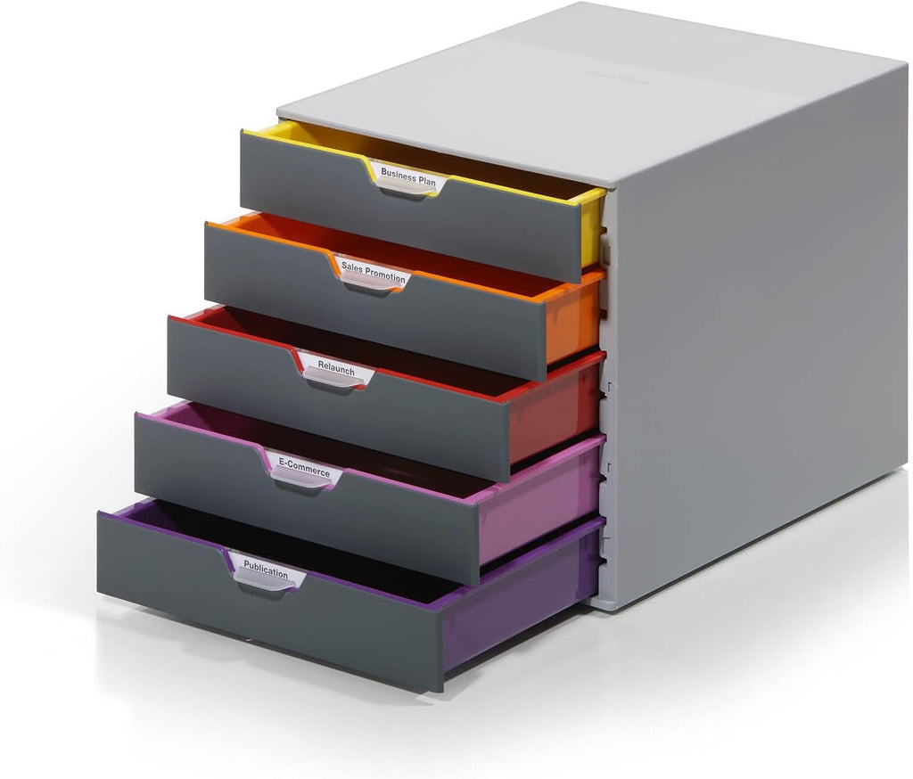 Durable Schubladenbox A4 (Varicolor) Ablagebox 5 Fächer, mit Etiketten zur Beschriftung, mehrfarbig, 760527