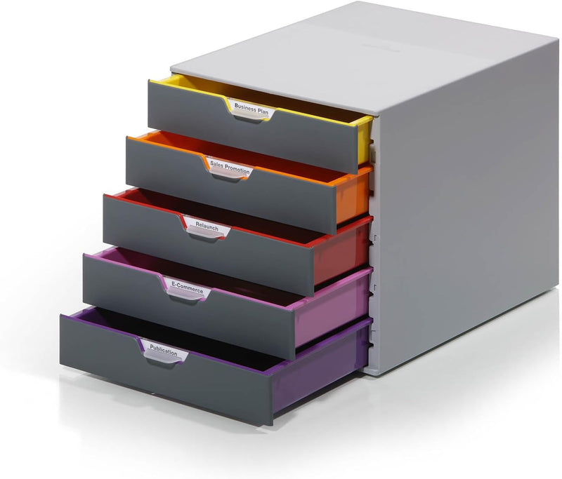 Durable Schubladenbox A4 (Varicolor) Ablagebox 5 Fächer, mit Etiketten zur Beschriftung, mehrfarbig, 760527