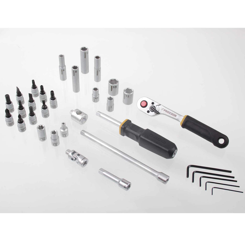PROXXON Steckschlüsselsatz, Feinmechaniker-Satz mit 1/4"-Umschaltratsche sowie Schraubendrehergriff, 50-teiliges Werkzeug-Set mit Kunststoffkoffer, 23280