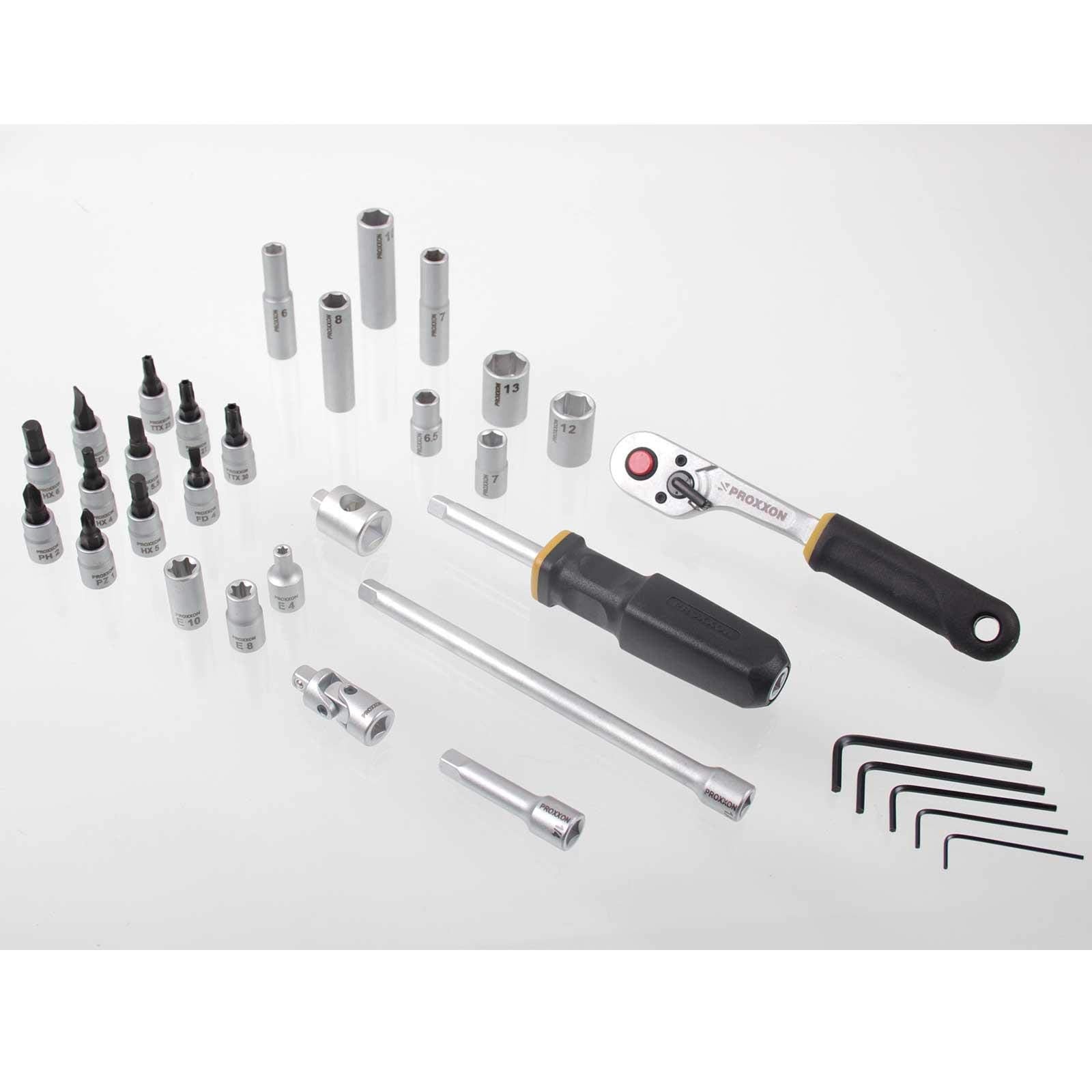 PROXXON Steckschlüsselsatz, Feinmechaniker-Satz mit 1/4"-Umschaltratsche sowie Schraubendrehergriff, 50-teiliges Werkzeug-Set mit Kunststoffkoffer, 23280