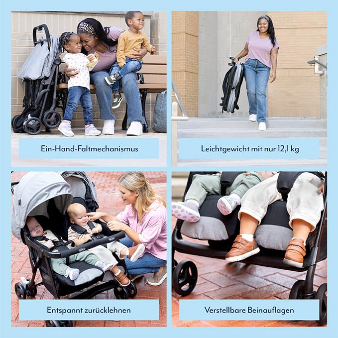 Graco DuoRider™ Doppel-Kinderwagen, Geschwisterwagen, ab Geburt bis ca. 3 Jahre (15 kg), leicht, schnell zusammenklappbar, freistehend, großer Staukorb, inkl. Regenverdeck, grau, Steeple Gray