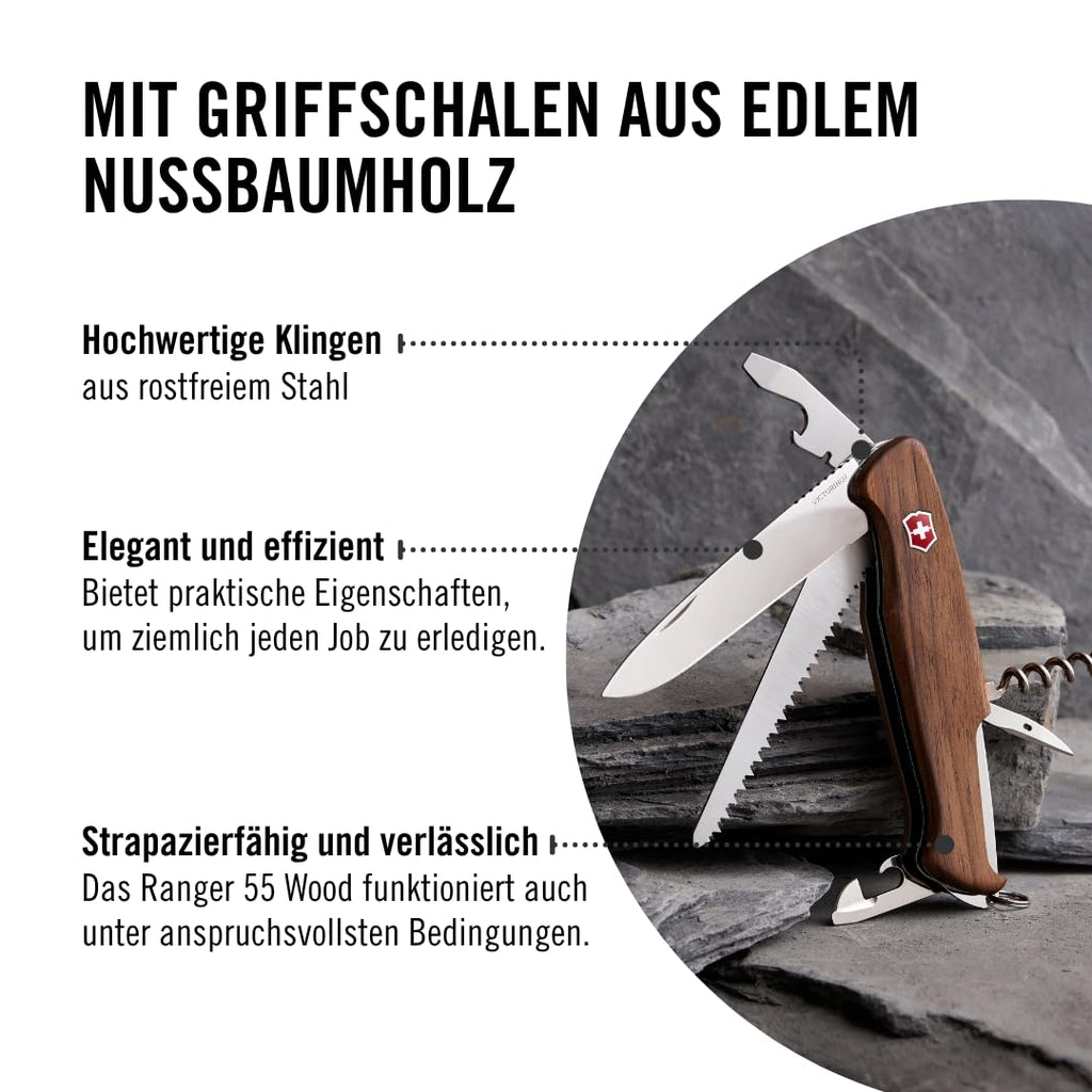 Victorinox Schweizer Taschenmesser gross, Ranger 55, Swiss Army Knife, Multitool, 10 Funktionen, Feststellklinge, Schraubendreher