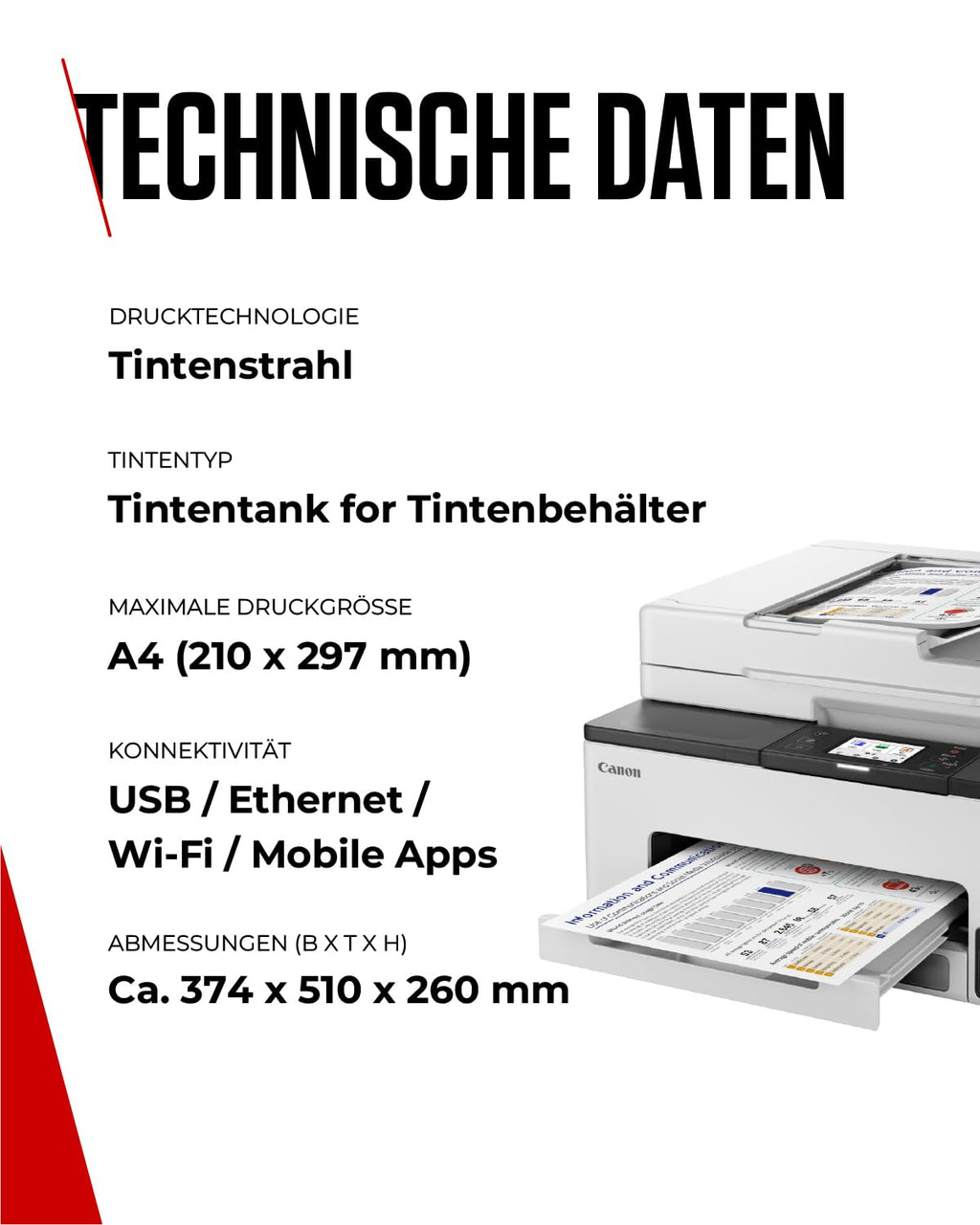 Canon MAXIFY GX2050 Tintenstrahldrucker 4-in-1 Multifunktionsgerät DIN A4 (Drucker, Scanner, Kopierer, Fax, ADF, 600x1200 DPI, WLAN, USB, 15/10 ISO-Seiten/Min., Duplexdruck, 250 Blatt Kassette) weiß