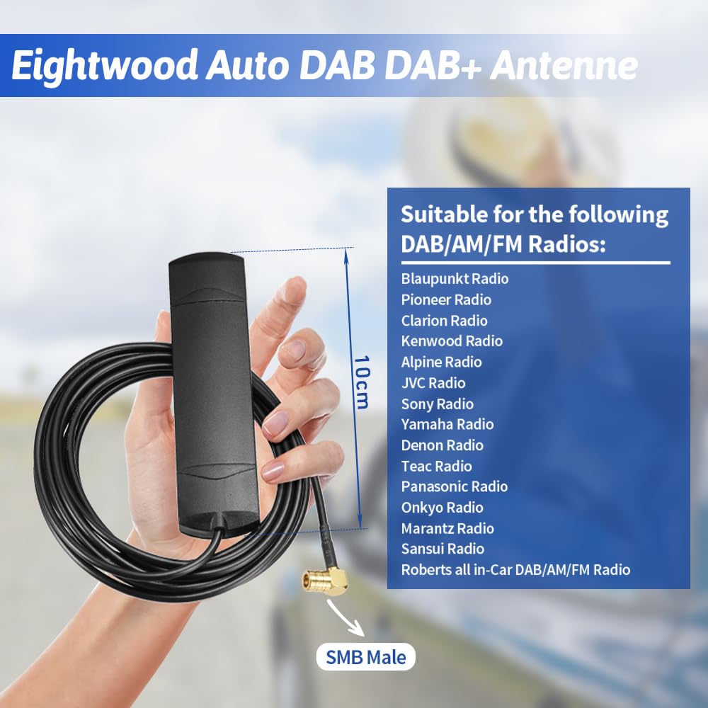 Eightwood DAB DAB+ Antenne Auto FM AM Radio Antenne Windschutzscheiben Antenne Patch Antenna 17dbi + 3M DAB Antenna SMB Anschluss Kabel für Pioneer Alpine Clarion Digital Radio FM Tuner