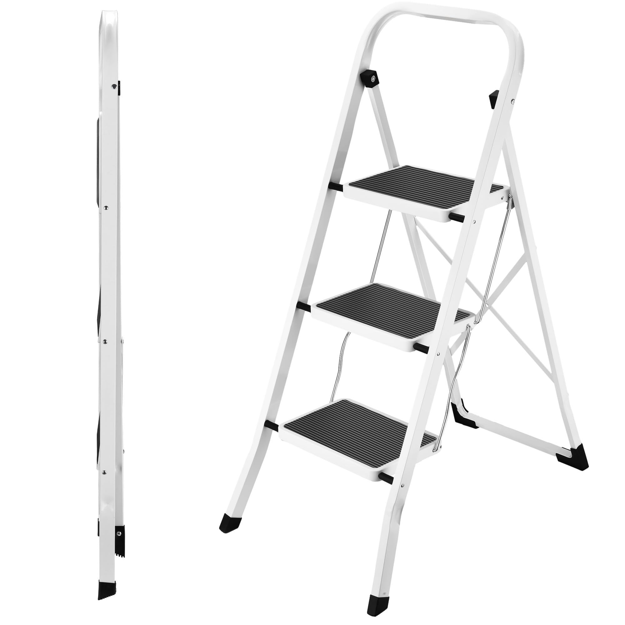 HBTower Trittleiter 3 Stufen klappbar, Trittleiter mit Anti-Rutsch-Pedal, Tragbare Robuste Tritthocker mit Handläufen, Perfekt für Küche & Haushalt, 150kg Kapazität, Weiß