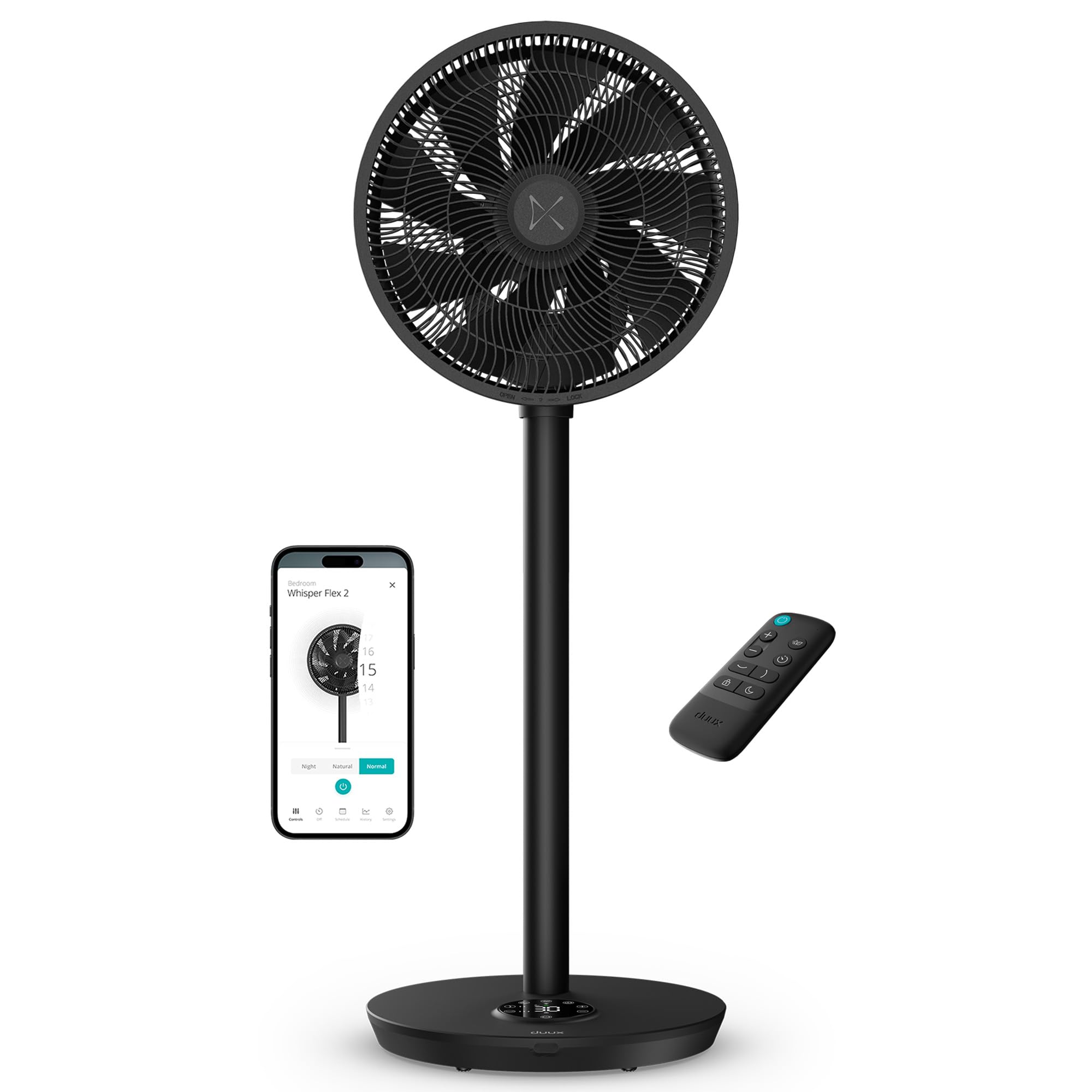 Duux Whisper Flex 2 Smart Ventilator – flüsterleise 13 dB – Nachtmodus & Timer – höhenverstellbar (54–92 cm) – energieeffizient ab 2W – App & Fernbedienung – Schwarz