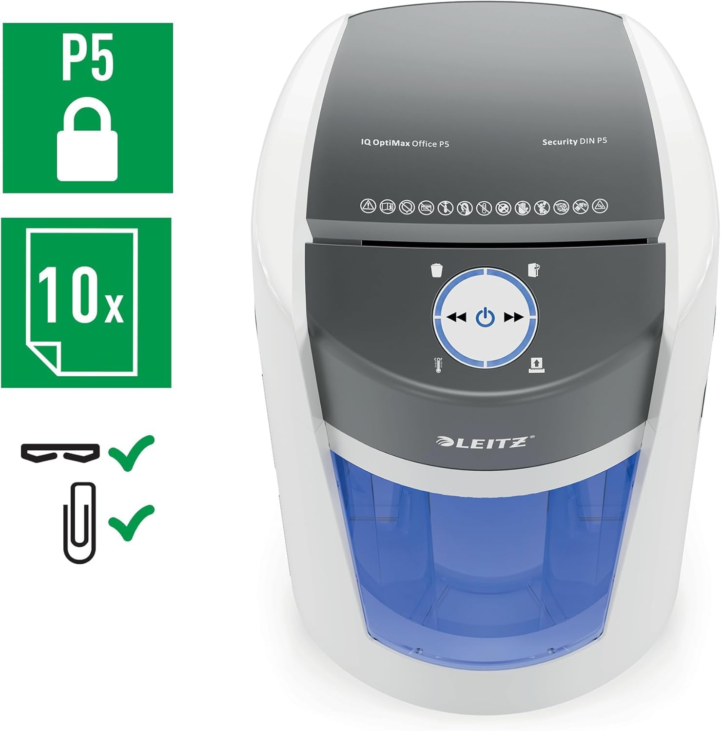 Leitz IQ OptiMax Office P5 Aktenvernichter mit Mikroschnitt, 12-10 Blatt (70-80 g/m²), Rotierender 35 Liter Behälter für 33% mehr Volumen (550 x A4), Extrem leise, 120 Min Dauerbetrieb, Weiß, 83600000