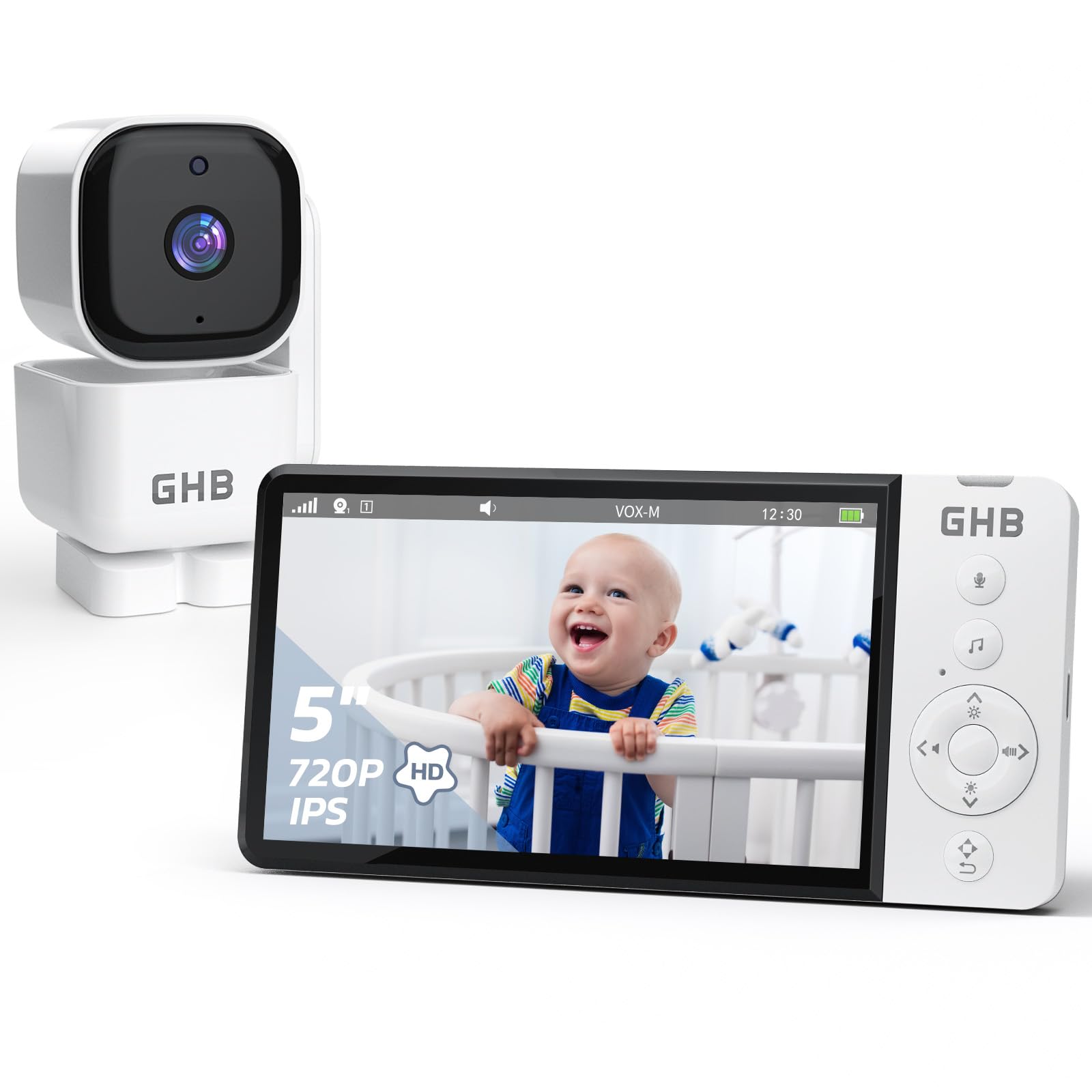 GHB Babyphone mit Kamera 5 Zoll 350° Rotation 5000mAh 720P Nachtsicht VOX-Modus Digitalzoom GegensprechfunktionTemperaturanzeige ABM720C