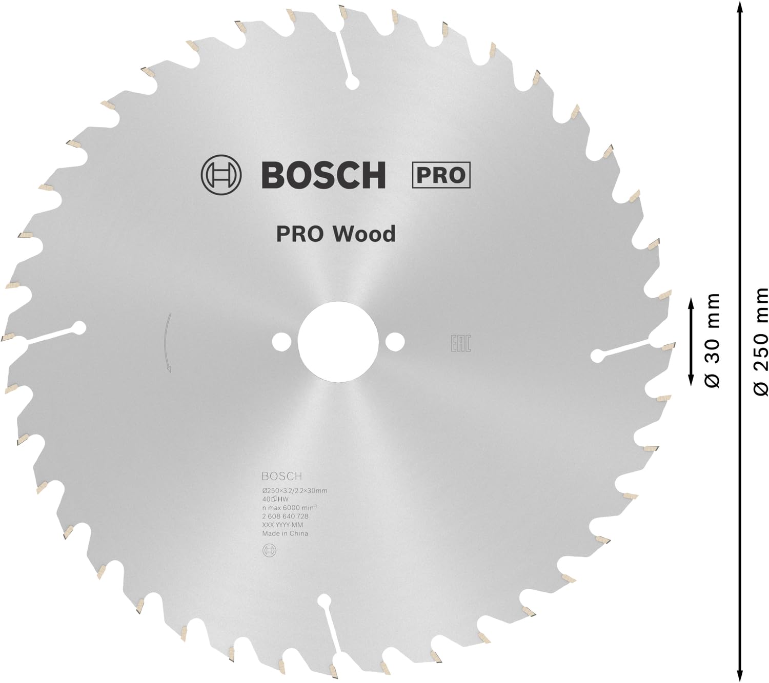 Bosch Professional Kreissägeblatt Optiline Wood (für Holz, 250 x 30 x 3,2 mm, 40 Zähne, Zubehör Kreissäge), 2608640728, Ø 250 mm