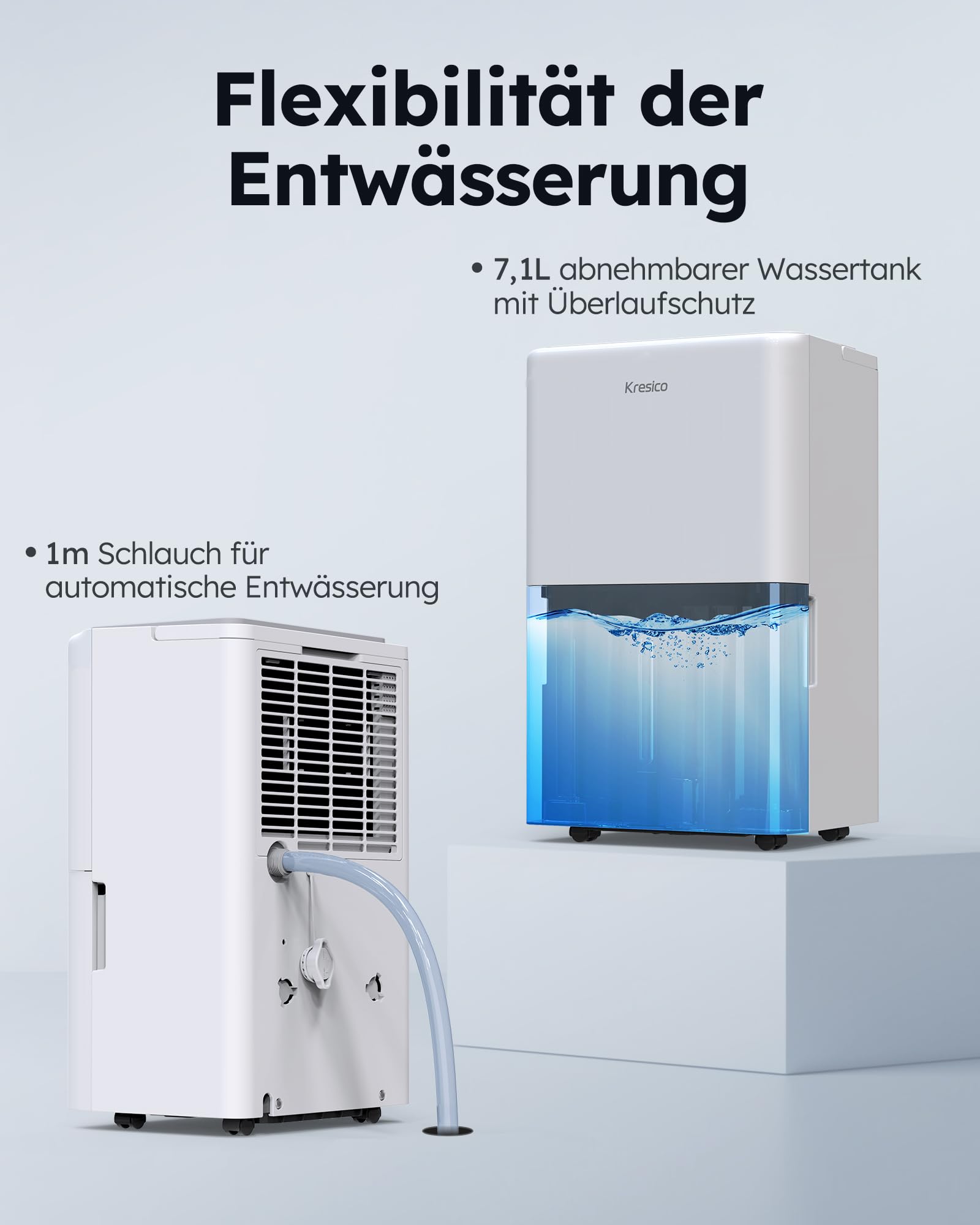 Kresico Luftentfeuchter elektrisch 50L, Entfeuchter elektrisch, Luftentfeuchter Keller für Räume bis zu 320m³/125m², Raumentfeuchter elektrisch mit Ablaufschlauch, Filter, Timer, 10 J. Gar.