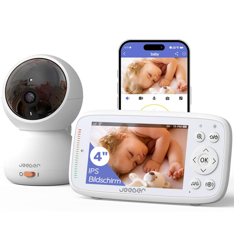 jeeber 360 Grad Babyphone mit Kamera, 4'' IPS WLAN Video Babyfon, Nachtsicht, 2 Wage Audio, Bereich alarme, Temperatur, 500m hohe Reichweite Baby Kamera und APP ohne ABO
