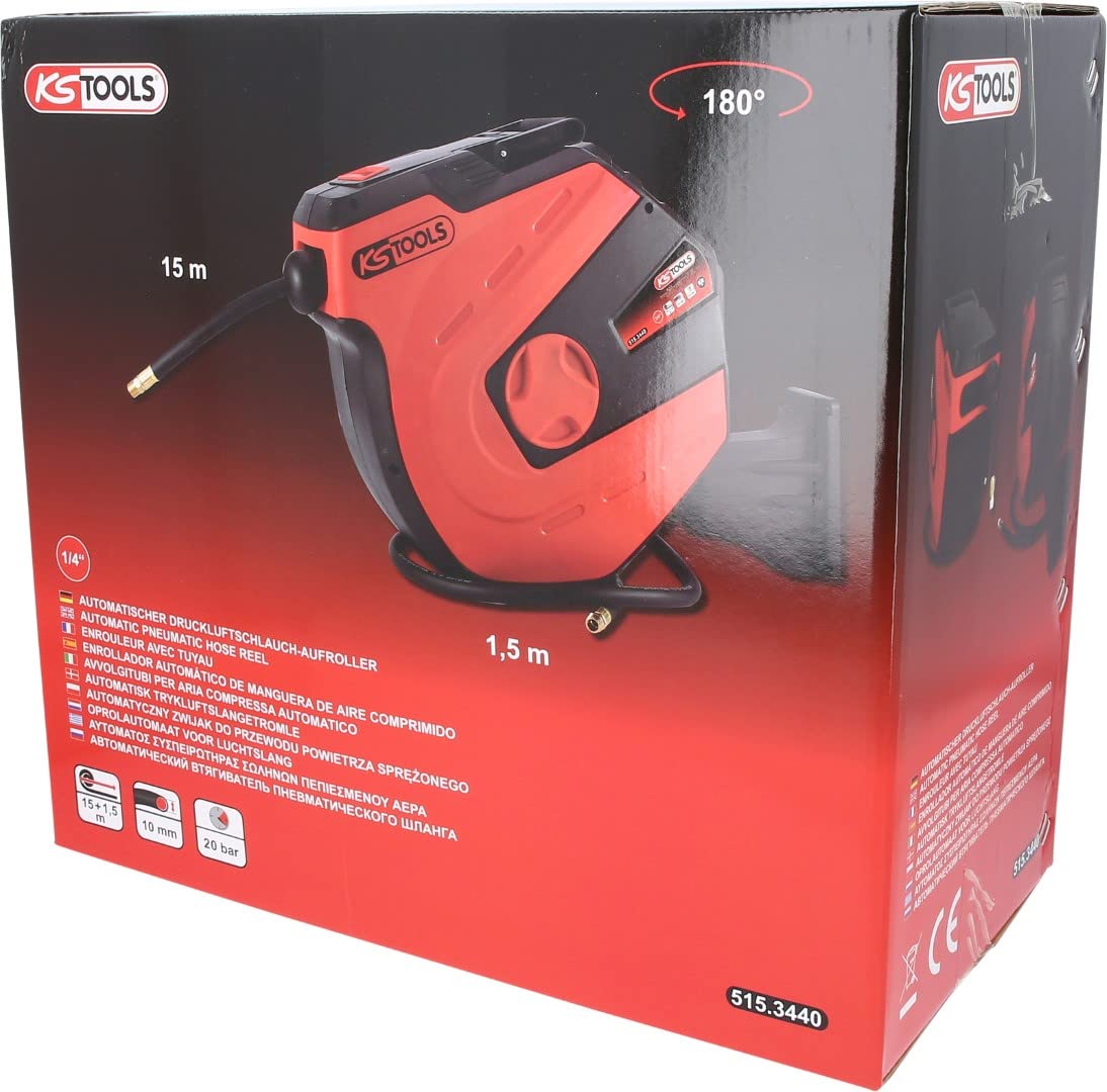 KS Tools Automatischer Druckluftschlauch-Aufroller, Schwarz/Rot, Ø 10 mm x 15 m
